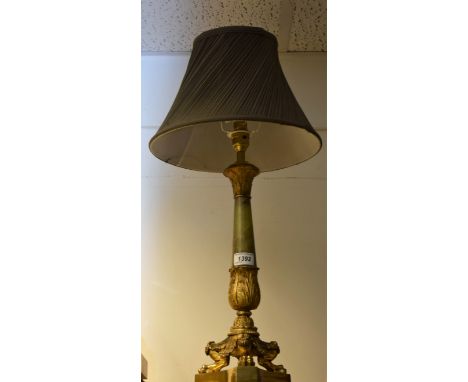 A late 19th century French gilt-metal mounted onyx table lamp, acanthus-capped tapering column surmounted by a dart-and-egg f