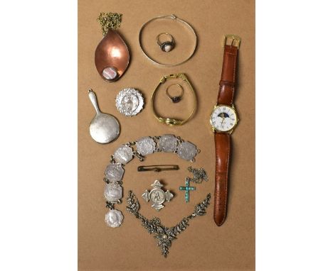 Jewellery - a 9ct gold ring; an engraved silver bangle; a miniature silver hand mirror; an Edwardian silver circular brooch, 