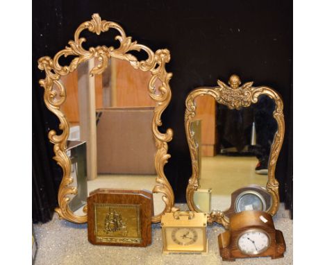 An eight day oak mantel clock, white dial, Arabic numerals; a brass and oak letter rack; a gilt style wall mirror; etc (5)