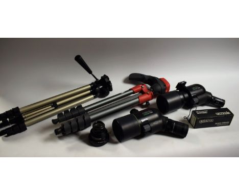 An Opticron Mighty Midget Travel Scope 52; another, Mighty Midget v2 52 ED; a Manfrotto tripod; an Opticron monocular; etc