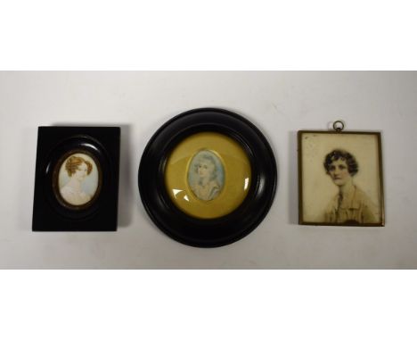 English School, 19th century,  a portrait miniature, of a young lady, her hair in ringlets, wearing a white dress, watercolou