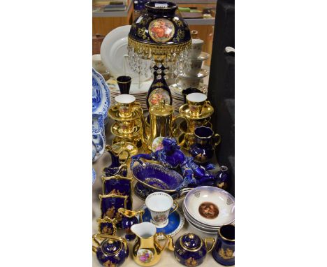 Ceramics - a Continental gilded coffee set for six; a ceramic and gilt metal table lamp; Limoges vases, jugs, etc; a blue gla