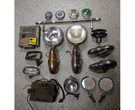 Motor Car Interest - vintage chrome car lamps including Lucas, chrome bumper parts, radios, motoring badges, including AA, Ma