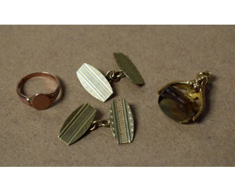 A pair of 9ct gold cufflinks, 6.1g; a 9ct rose gold ring, 2.6g; a 9ct gold and smoky quartz swivel fob