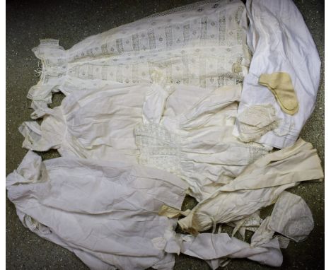 Textiles - early 20th century baby linen, to include Christening gowns, a short dress, baby caps, etc.