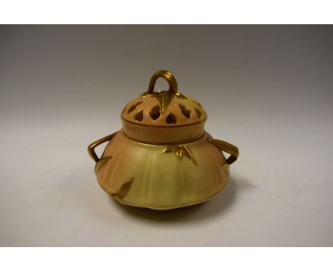 A Royal Worcester blush ivory pot purri and cover, leaf handles, pierced crown cover, shape 1326, printed marks