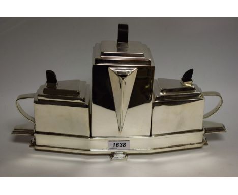 An Art Deco style three piece tea/coffee service on stand