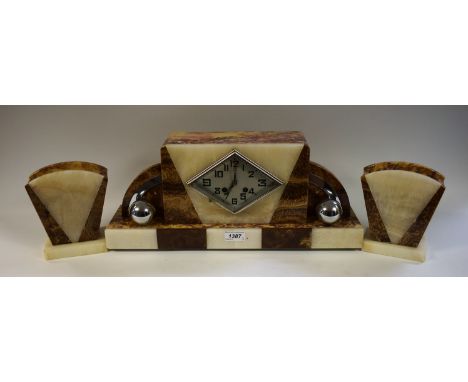 An Art Deco style marble clock garniture, F Marti , Paris, the clock mounted with chrome spheres, lozenge shaped dial, Arabic