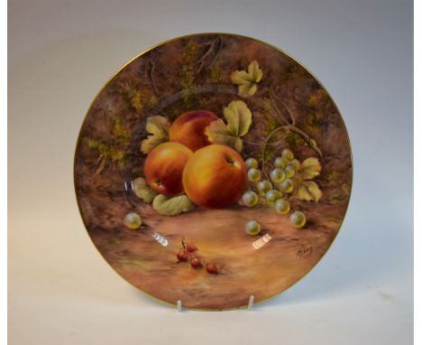 A Royal Worcester shaped circular plate, painted by Peter Love, signed, with apples and gooseberries on a mossy ground, gilt 