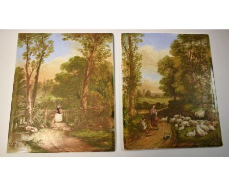 An English porcelain rectangular panel, painted by R Abbot, after Birket Foster, signed, The English Lane, 25cm x 20cm;  anot