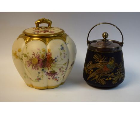 A Royal Worcester lobed jar and cover, printed and painted with spring flowers on a blush ivory ground, shaped gilt band to s