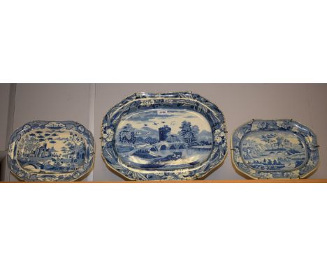 A 19th century Spode Bridge of Lucano pattern  meat plate, transfer printed in blue with tower, bridge and cattle, 44cm wide,