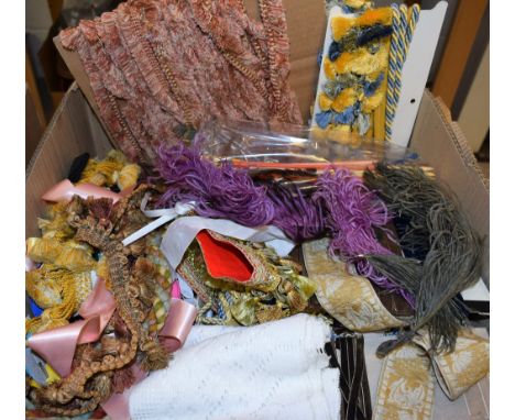 Textiles - a quantity of ribbons, lace, trimmings, feather trims, knitting needles, etc