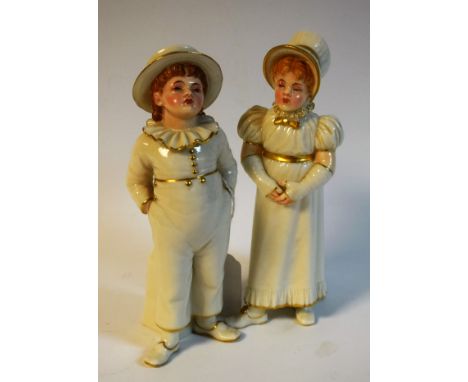 A pair of Royal Worcester figures,  after Kate Greenaway, Boy and Girl, he wearing a boater, his hands in his pockets, she we