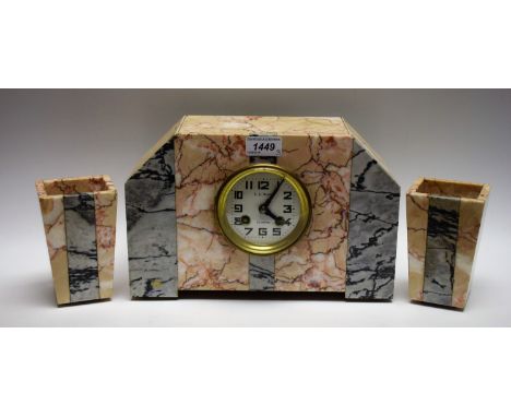 A French Art Deco style three piece clock garniture