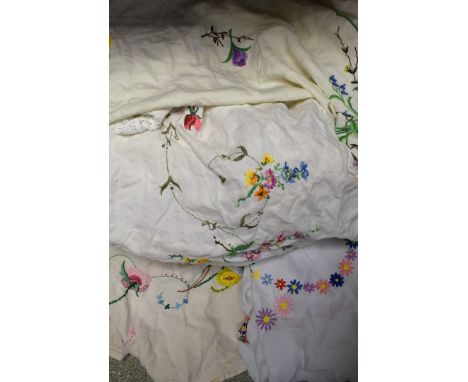 Textiles - hand embroidered floral linen tablecloths, including Crinoline Ladies, English Country Garden Flowers