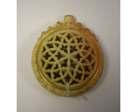 A Grainger`s Worcester reticulated flattened circular scent bottle,  pierced with stylised Gothic flower, 7cm diam, c.1910