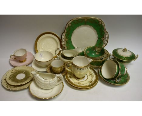 Ceramics - a Crown Staffordshire part tea set decorated with gilded scrolling foliage on green band; Minton gilded teaware in