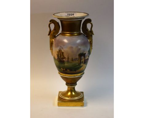 A 19th century Continental two-handled urnular vase,  painted with a continuous seascape with sailing ships entering port, sw