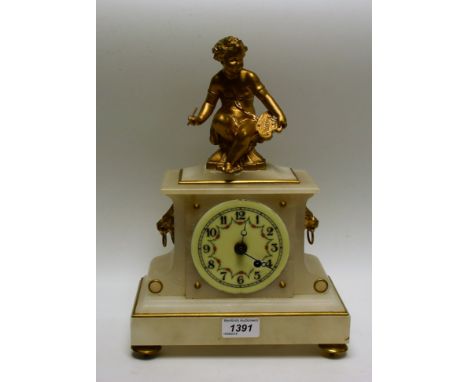 An alabaster French style mantel timepiece, surmounted with a muse as Raphael