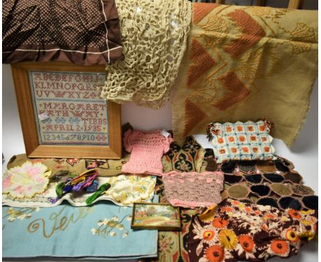 Textiles - an early to mid 20th century embroidered case for veils; a needlepoint panel; an embroidered oval picture, depicti