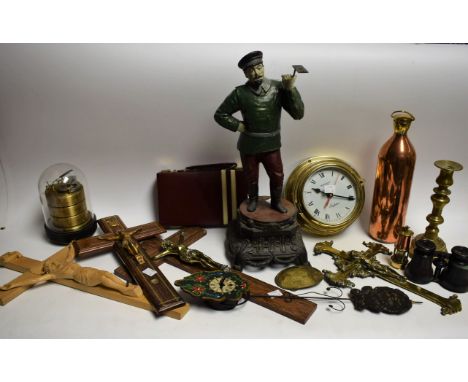 Boxes and Objects - a cast metal swinger clock modelled as a peasant holding pendulum; a Barigo barometer; a President Seafar