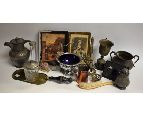 A rouge marble plinth; a pair of graduated copper measures; a smelling salts bottle; EPNS epergne flutes; a Chinese engraved 