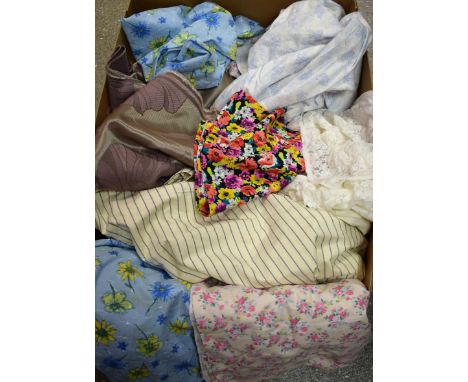 Textiles - a quantity of cotton and other fabrics, printed floral designs; lace fabrics; a quantity of lace trimmings, ribbon