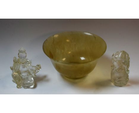 A Chinese jade flared bowl, 11cm diam (faults); a pair of crystal-type carvings (2), [3] 