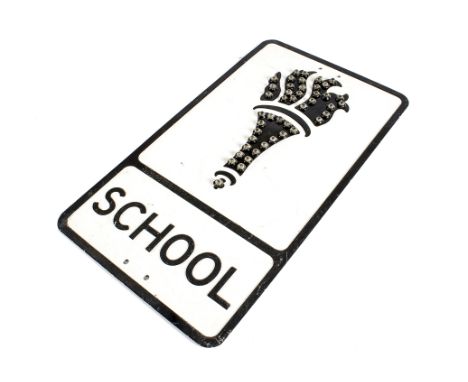 Pre-Warboys Schools Sign, an original cast alloy post mounted sign black on white inscribed School depicting the Torch of Kno