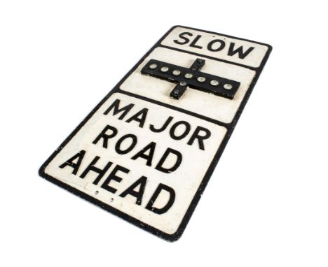 Pre-Warboys Major Road Ahead Sign, an original cast alloy post mounted sign black on white inscribed Slow Major Road Ahead in