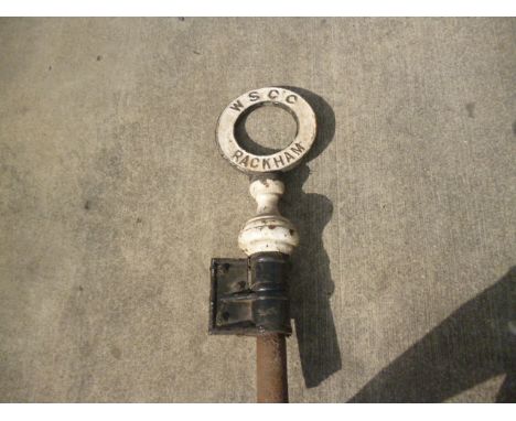 Original Finger Post Circular Village Name Sign, a cast iron WSCC pierced circular sign Rackham mounted on a post section wit