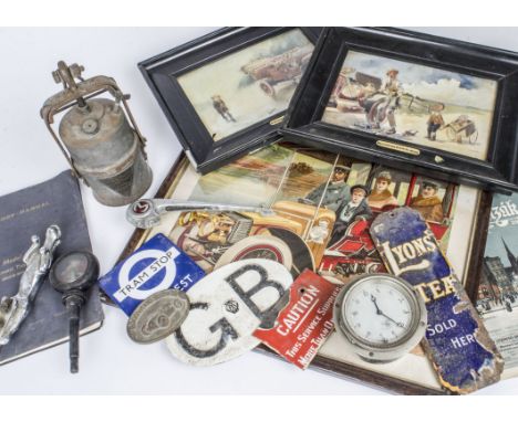 Motoring collection,  An assorted of motoring items, including a car clock, radiator temperature gauge, Jaguar bonnet motif, 