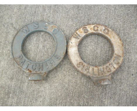 Original Finger Post Circular Village Name Signs, two cast iron WSCC pierced circular signs Sullington and Patching, 59cm hig