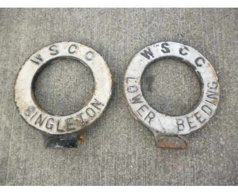 Original Finger Post Circular Village Name Signs, two cast iron WSCC pierced circular signs Singleton and Lower Beeding, 59cm