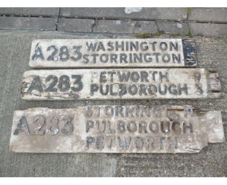 Original Wooden Finger Post Signs, three double sided signs for the A283, all with applied lettering inscribed Petworth/Pulbo