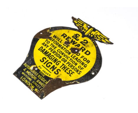 AA Reward Notice, a yellow and black enamel notice in the form of an AA badge inscribed £2 Reward will be paid for informatio