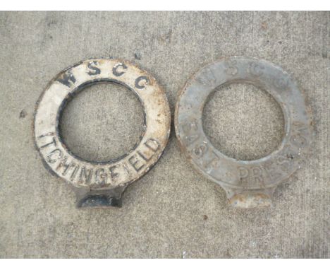 Original Finger Post Circular Village Name Signs, two cast iron WSCC pierced circular signs Itchingfield and East Preston, 59