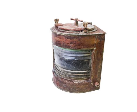 A vintage ship's port lantern, now painted red, with lens, fitted for electricity, 42cm 