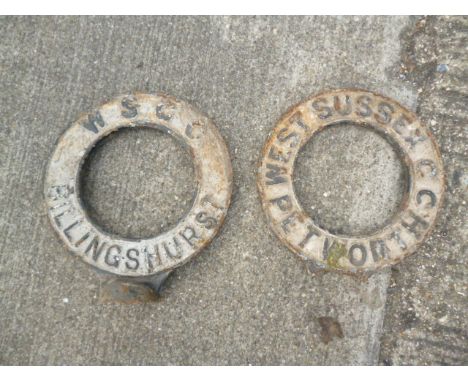 Original Finger Post Circular Village Name Signs, two cast iron pierced circular signs WSCC Billingshurst and West Sussex Pet