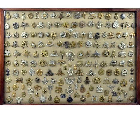 An extensive display of 160+ cap early 20th Century and later cap badges and plates, to include Commando SS, Military Foot Po