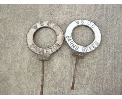 Original Finger Post Circular Village Name Signs, two cast iron WSCC pierced circular signs  Singleton and Barns Green, 59cm 
