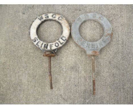 Original Finger Post Circular Village Name Signs, two cast iron WSCC pierced circular signs Ferring and Slinfold, 59cm high D