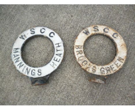 Original Finger Post Circular Village Name Signs, two cast iron WSCC pierced circular signs Manning Heath and Brooks Green, 5