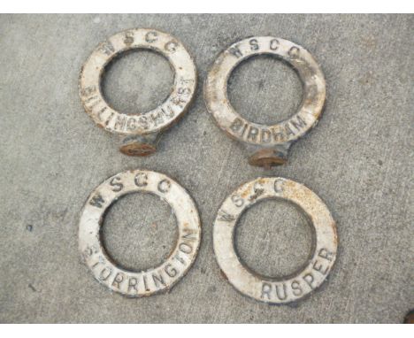 Original Finger Post Circular Village Name Signs, four cast iron WSCC pierced circular signs Billingshurst, Birdham, Storring