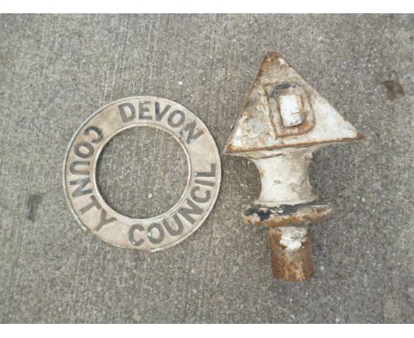 Original Devon Finger Post Sign and Post Finial, a cast alloy pierced circular Devon County Council sign (damaged) together w