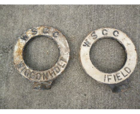 Original Finger Post Circular Village Name Signs, two cast iron WSCC pierced circular signs Wiggenholt and Ifield, 59cm high 