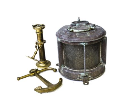 A vintage ship's lantern, with manufacturer's label, 23cm, together with a brass ships interior light fitting in gimbal mount