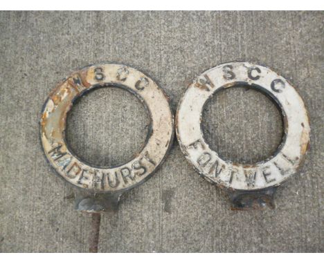 Original Finger Post Circular Village Name Signs, two cast iron WSCC pierced circular signs Madehurst and Fontwell, 59cm high