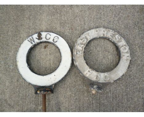 Original Finger Post Circular Village Name Signs, two cast iron pierced circular signs WSCC and East Preston RDC, 59cm high D